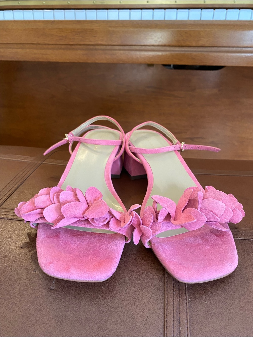 Ann Taylor Pink Suede Floral Ruffle Open Toe Heels